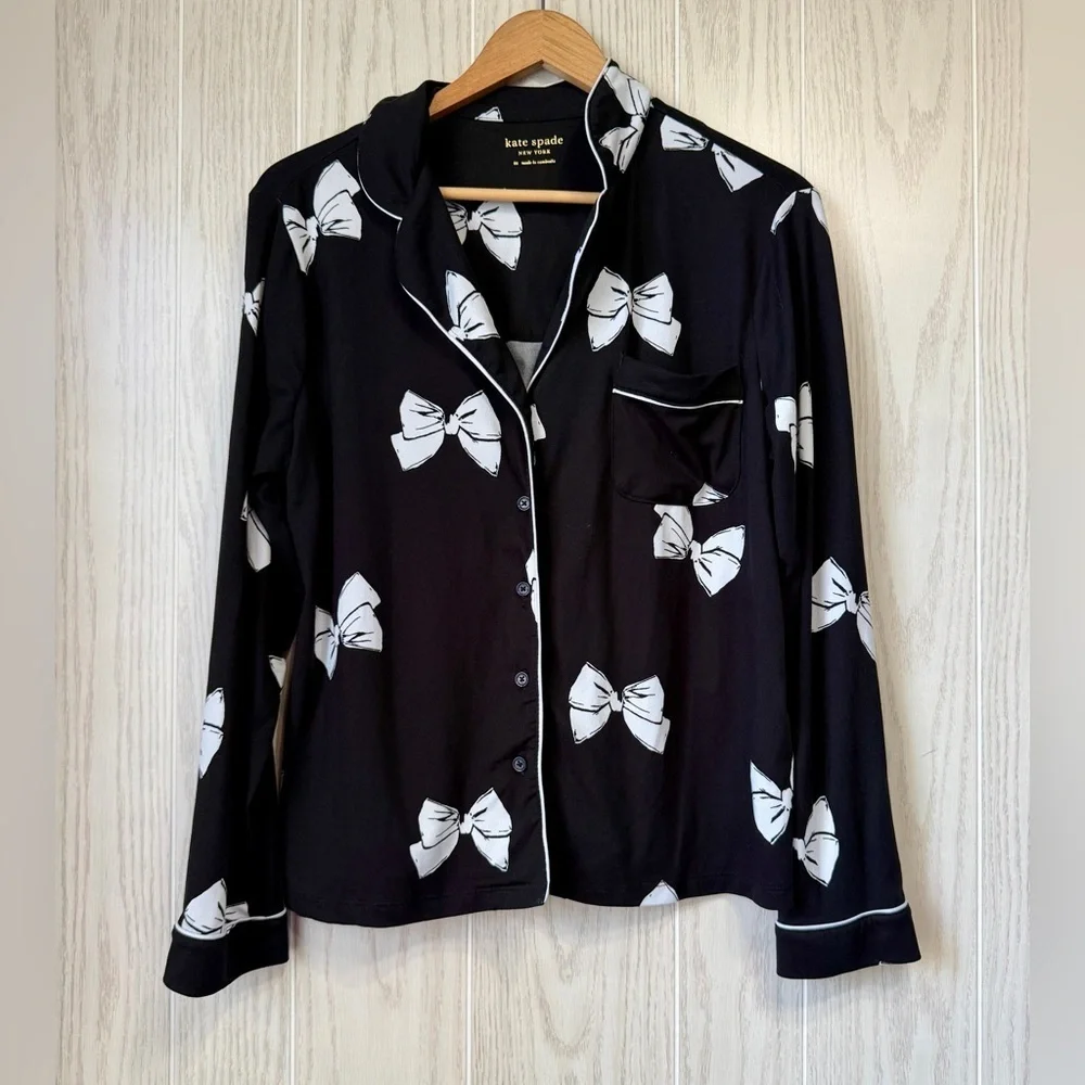 Kate SpadeWomen’s Long Sleeve Bows Pajama Top Size Medium Black White EUC